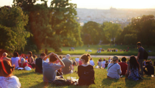 Viele Menschen sitzen auf einer Wiese