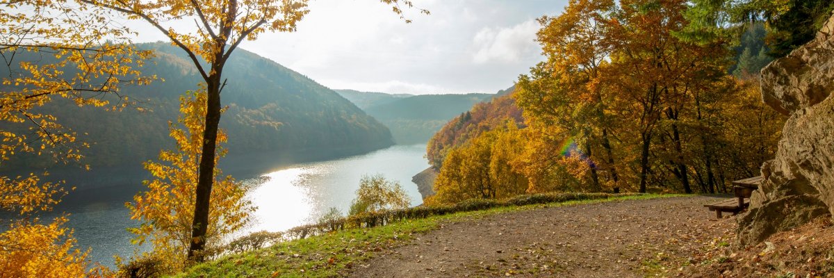 Wandern_Banner_artenreich Riveris Talsperre mit bunt gefärbten Laubbäumen